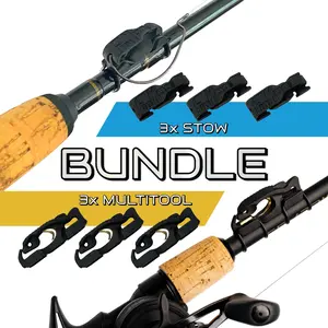 FinMan Deck Boss Bundle: 3x FinMan Multitool & 3x STOW Tackle Keepers - Rod-Mounted Fishing Tools with Titanium Coated Blades & UV-Stable Bands for Precision Cutting & Secure Storage