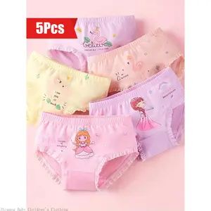 2026 New 5-Pack Girls' Cotton Underwear - Soft Elastic Triangle Underwear, Cute Cartoon Animal and Princess Patterns, Pastel Colors, Lace Trim, Comfortable All-Season Cute Underwear for Little Girls