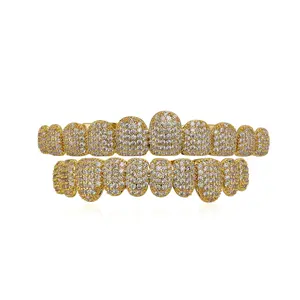 Gold Plated Iced Out Grillz Set - Full Top & Bottom Teeth, Hip Hop Style, Micro Paved Cubic Zirconia, Adjustable, Ideal for Rappers, Parties, Gold (8a Zircon) Transparent Braces Box Included