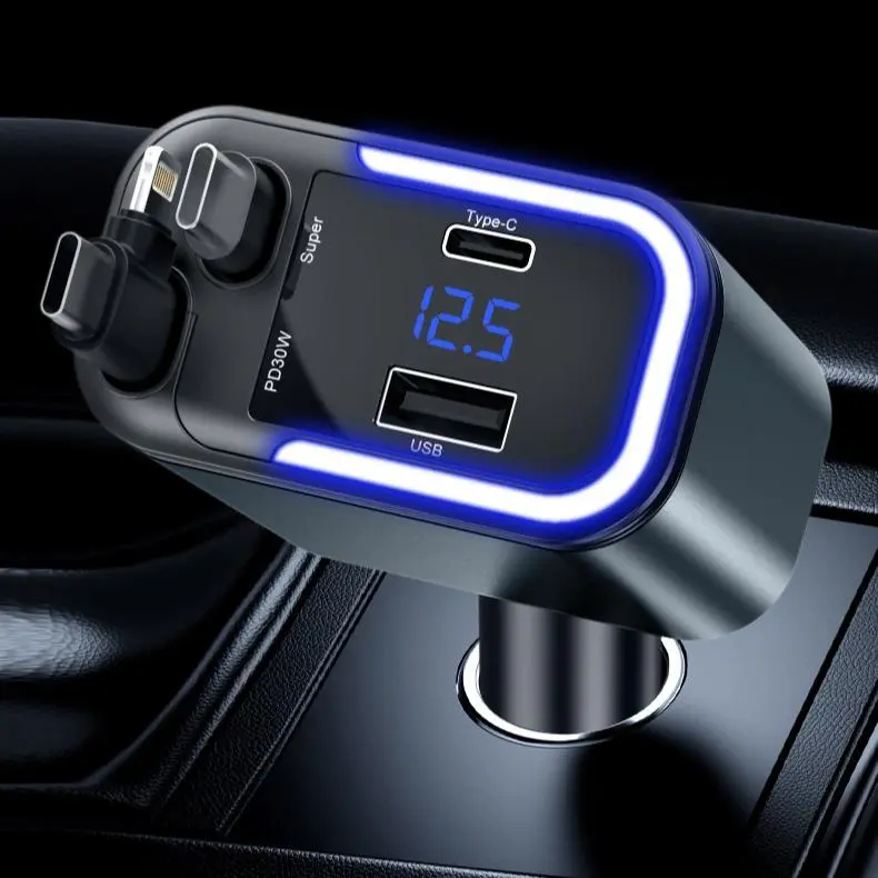 4-in-1 Retractable  Car Adapter - Dual USB Car Charger, Wireless Radio Kit, MP3 Player with TF Card/USB Disk Support, 87.5-108 Adjustable Frequency, 7-Color LED Backlit, Compatible with iPhone 15/15 Pro Max/14/13/12/11 summerwins, Bluetooth Car Adapter, B