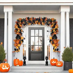 2-Piece Halloween Wreaths with Gothic Maple Leaves and Pumpkin Vines, 174.96cm Spider Decor for Spooky Autumn and Fireplace Ambiance