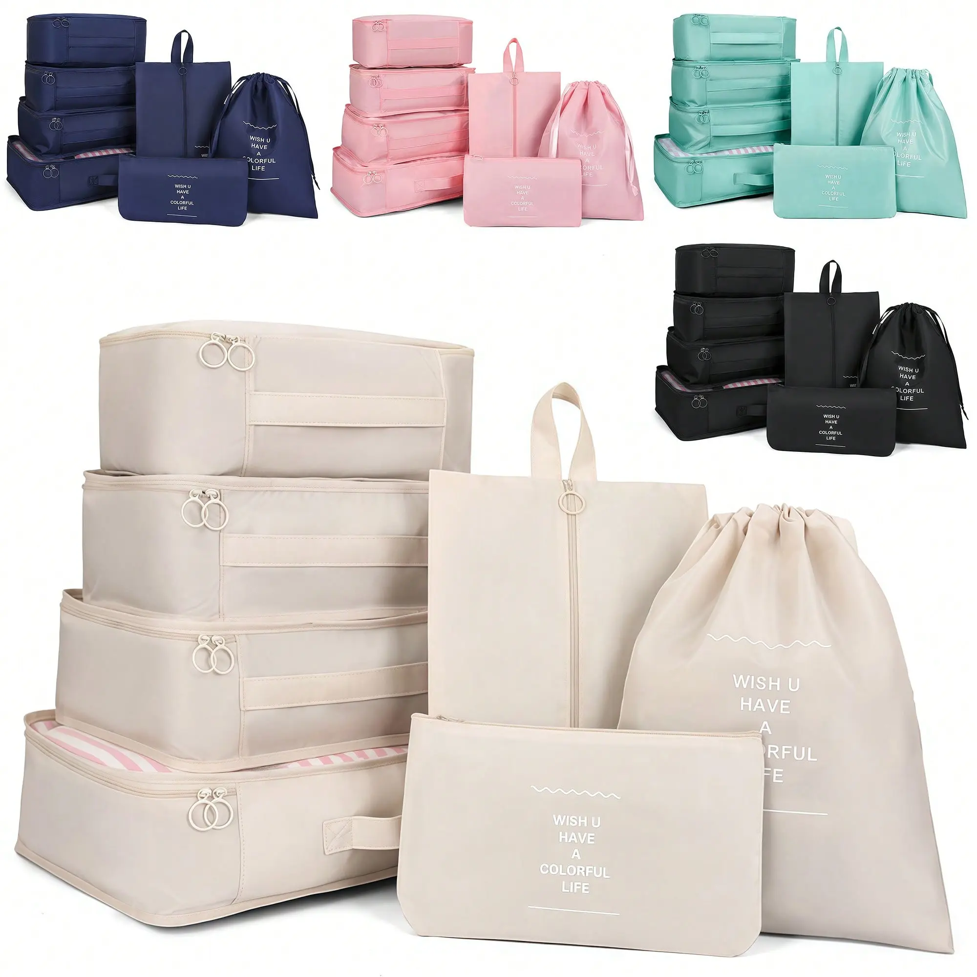 7-Piece Travel Luggage Sorting Set with Packing Cubes - Large-Capacity Zipper Storage Bags for Clothing, Cosmetics, Shoes, Bottles, Mesh Organizers - Space-Saving Travel Must-Haves for Handbag Organization
