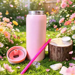 O-(Cherry Blossom Pink)Crystal 32-oz/945ml Outdoor Sports Water Bottle, Double-layer vacuum insulation design, portable water cup, can keep ice cubes from melting for 8-12 hours, comes with a carrying rope, convenient for carrying out