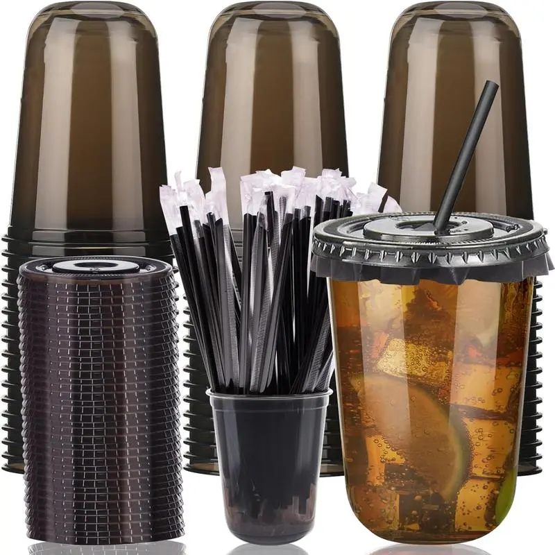 100 Sets Disposable 16oz/500ml Non-Toxic Leak-Proof PET Plastic Drink Cups with U-Shaped Lids, Straws & Stable Round Base, Black Transparent Stemless On-the-Go Supplies for Party, Christmas