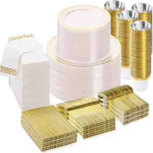 700 count Clear  Disposable Dinnerware Set for 100 Guests, Plastic Plates for Party, Wedding, Christmas, Include: 200 Plastic Plates, 100  Silverware, 100 Cups, 100 Napkins