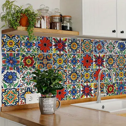 Bohemian Crystal Geometric Tiles Stickers (24pcs, 4x4in) - Waterproof PVC, Stain-Resistant, Reuse & Reposition Peel-and-Paste Home Decor for Wall Decor Living Room, Bathroom
