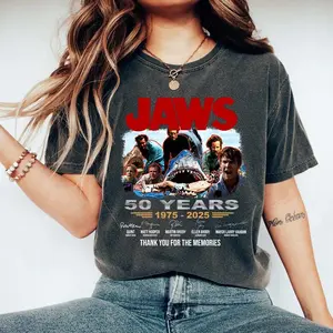 [Sale off up to 50%] 50th Anniversary Jaws Comfort Color Shirts, Classic Movie Signatures Thank You The Memories Shirt, Jaws Anniversary Gifts For Fan, Retro Movie Fans