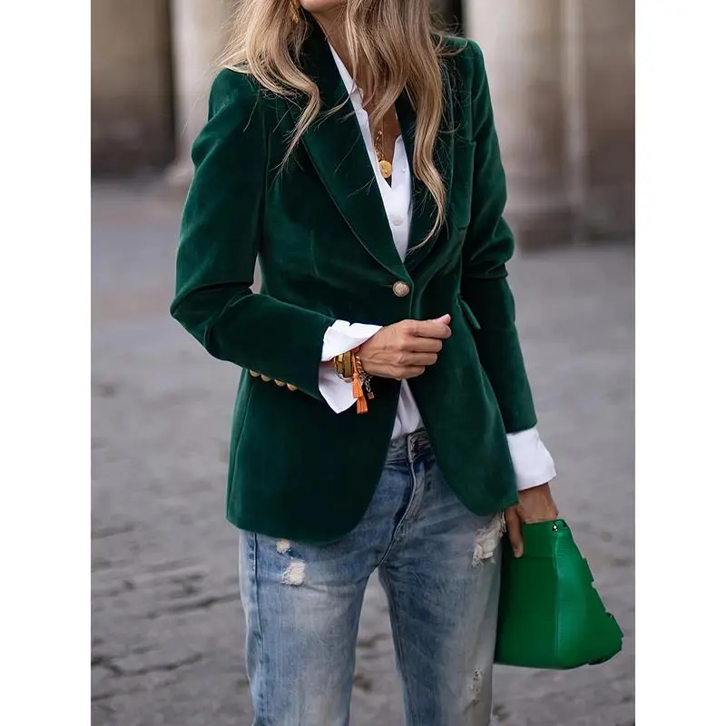 Elegant Women's Green Blazer - Chic Retro Single-Breasted Jacket with Golden Buttons, Long Sleeves, and Stretchy Polyester Blend for All Seasons, Versatile Women's Blazer| Retro Chic Jacket| Stretchy Blazer collar blazer Womenswear Coats Tops Comfort