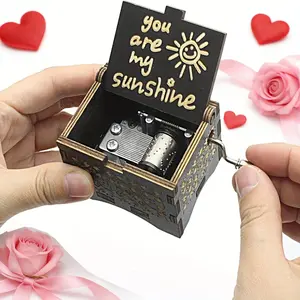 1pc Whimsical Wooden Music Box - Hand Crank, Laser Engraved, Vintage Design, Small, Desk-Ready - Perfect Gift for Mom, Birthday, Anniversary, Wedding, Valentine's Day, New Year, Home, Office Decor, Rose