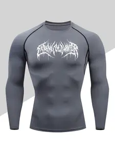 Men's Compression Long Sleeve Sports Shirt, Breathable Elastic Fabric, Casual Outdoor Wear, Thorn Print Knit Top, Fall & Winter Style, Athletic Compression Shirts