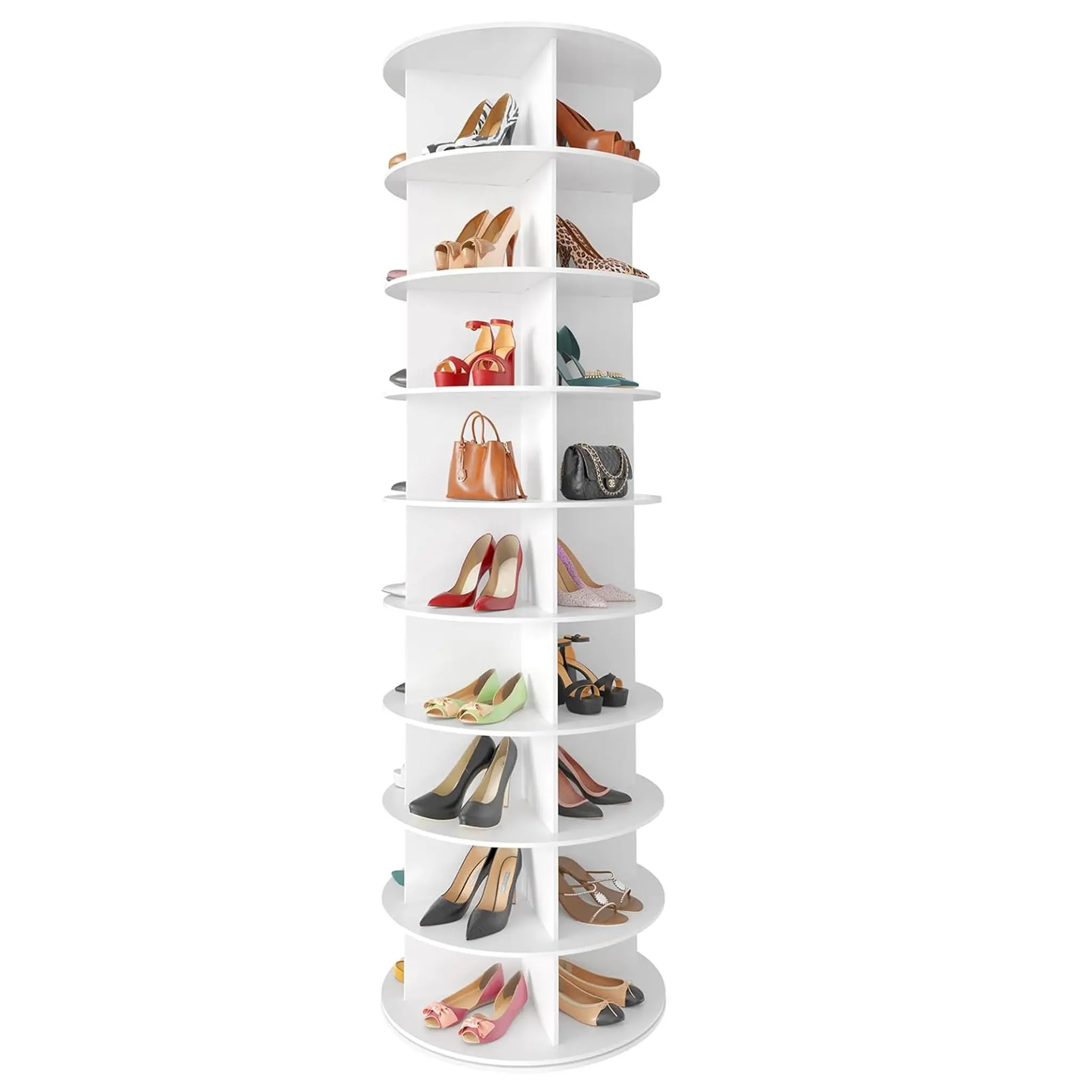 White Circular Multiple-Tiers Shoe Rack Organizer - 360° Spinning Freestanding Shelf, Lazy Susan Storage Carousel for Bedroom, Entryway, Closet, Round