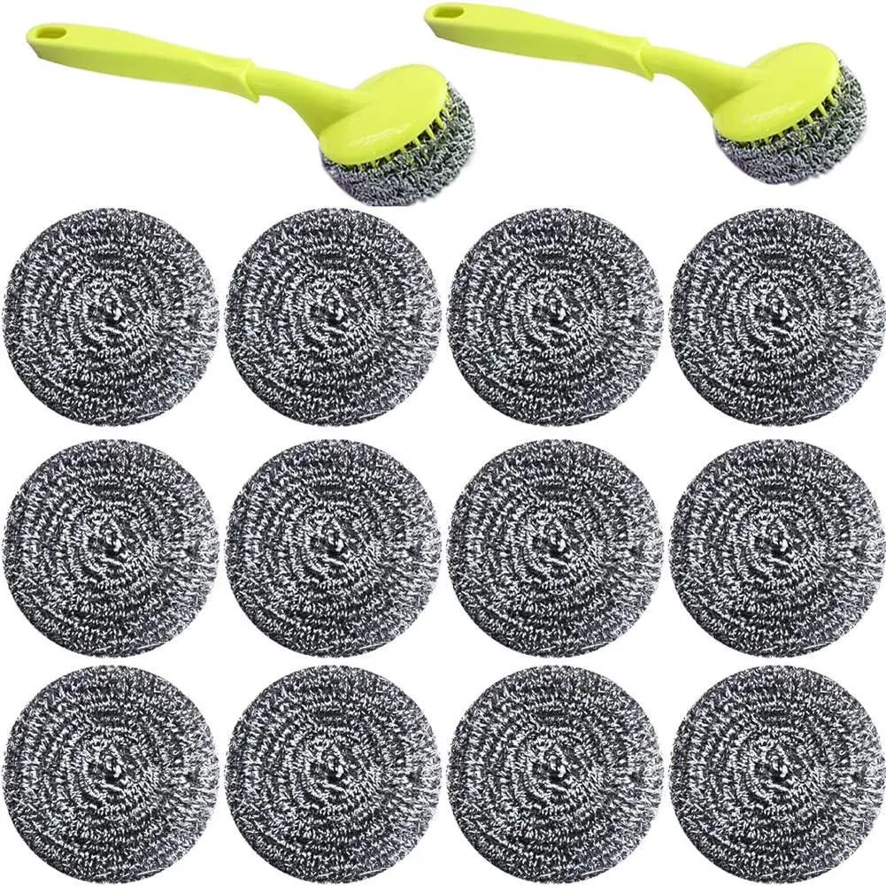 18 PCS Stainless Steel Sponges Scrubbers Cleaning Ball Utensil Scrubber Metal Scrubber Scouring Pads Ball for Pot Pan Dish Wash Cleaning for Removing Rust Dirty Cookware Cleaner with Handle (18 Pack) Kitchen