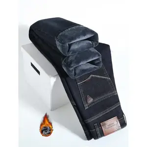 Men's Fleece Lined Denim Jeans, Loose Straight Leg Long Pants, Warm Cotton Elastic Business Style, Fall Winter Fashion