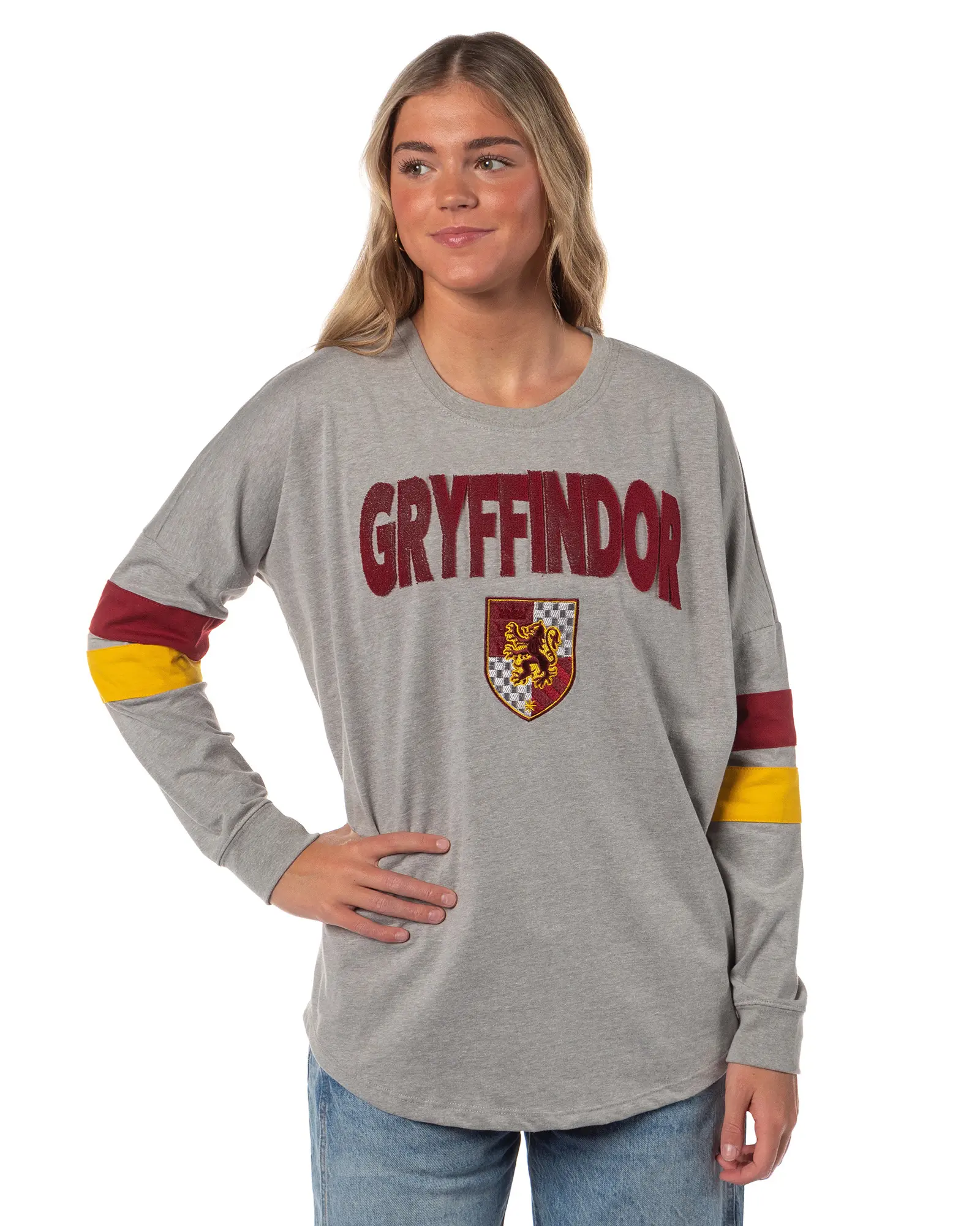 Harry Potter Women's Oversized Pullover Shirt Drop Shoulder Long Sleeve Top Gryffindor, Slytherin, Hufflepuff, Ravenclaw