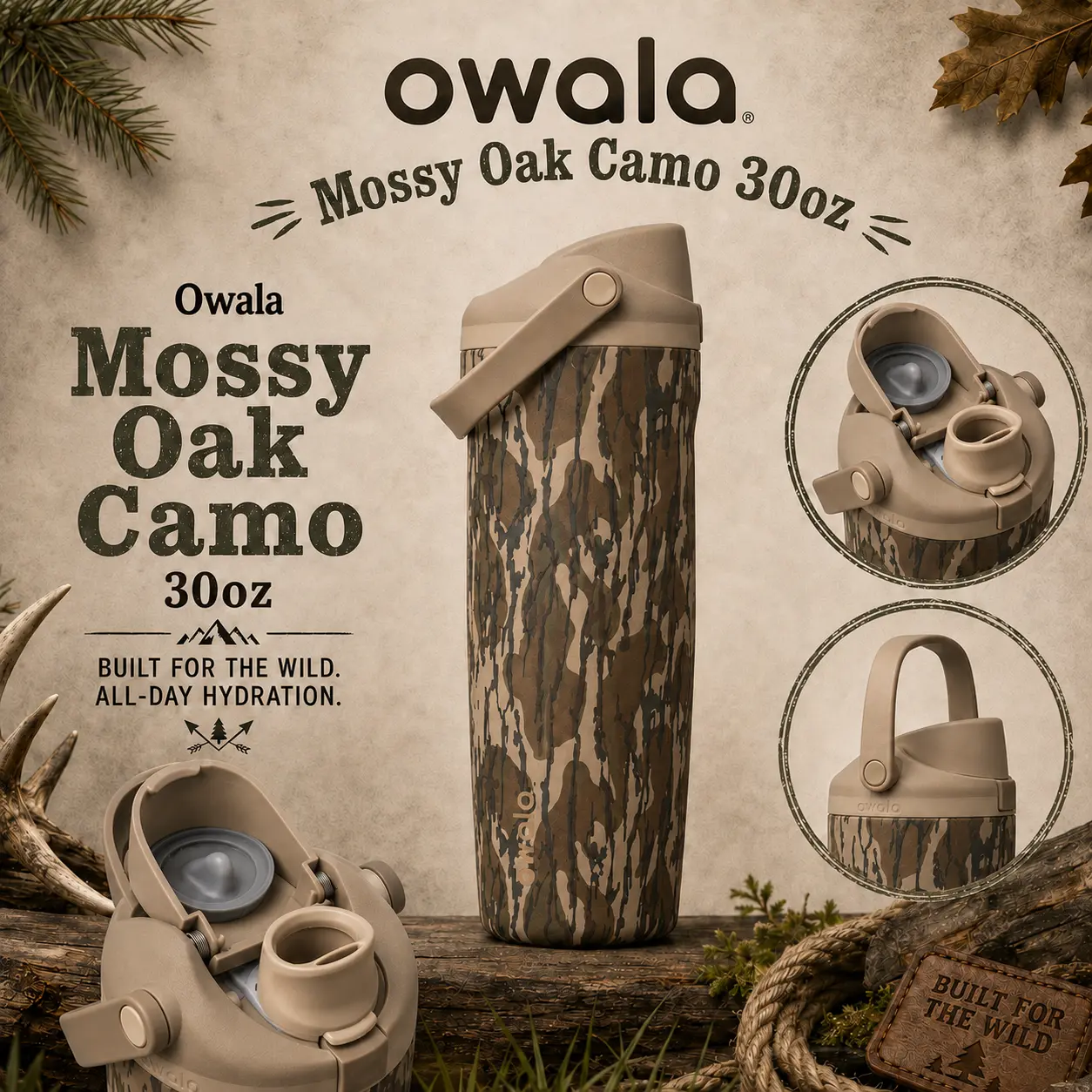 Owala Camo 30oz FreeSip Sway Insulated Stainless Steel Bottle for Hunting, Fishing, Camping, Work & Road Trips