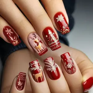 24pcs Christmas Tree Snowflake Deer Press-On Nails Set, Includes Jelly Glue and Nail File, Perfect for Parties, Dancing, Daily Use