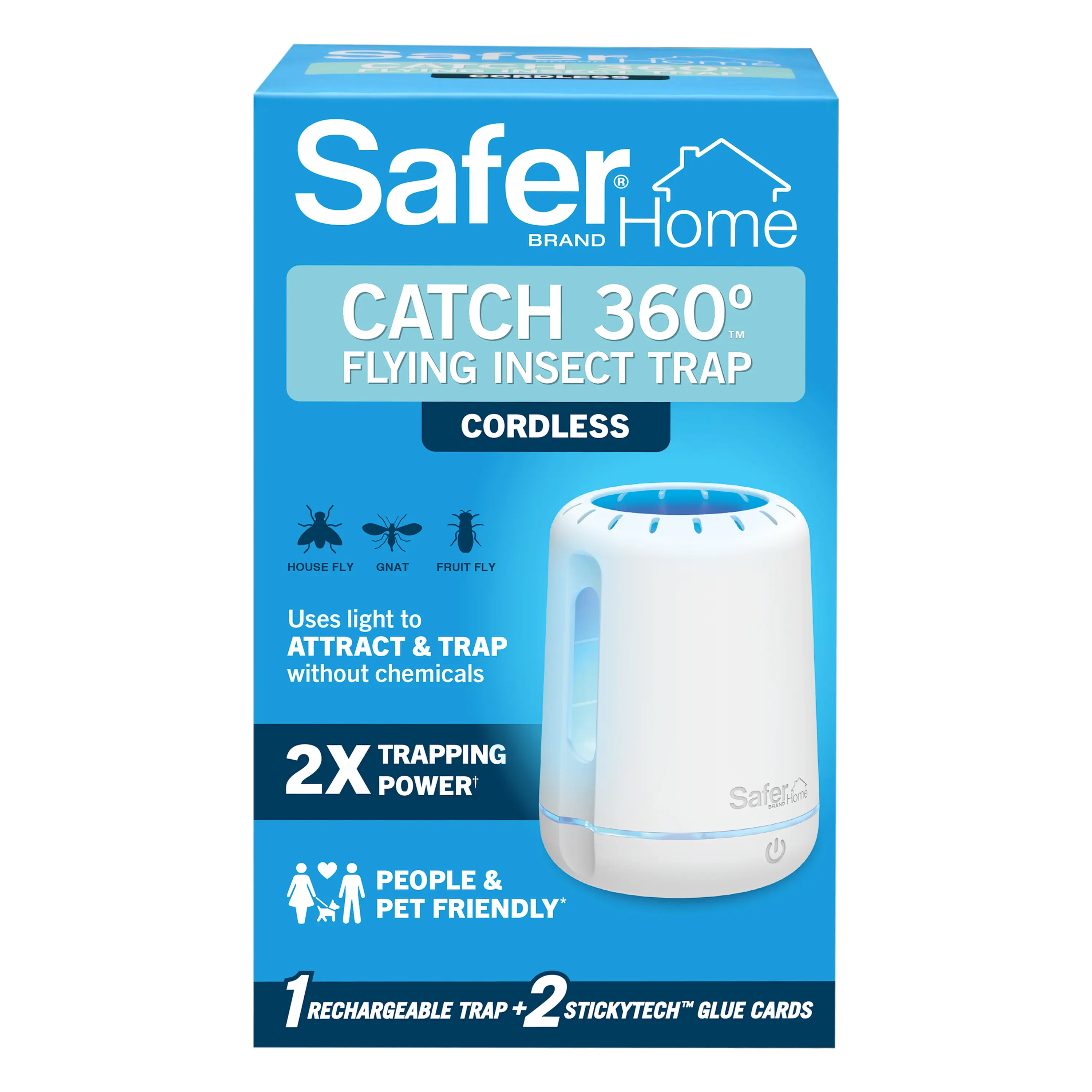 Safer Home Catch 360° Cordless Flying Insect Trap, 1 Device + 2 Glue Cards, UV LED Light, Chemical-Free, 10 Day Rechargeable Battery, Effective Fruit Fly Traps for Indoors, Gnat Traps for House Indoor,
