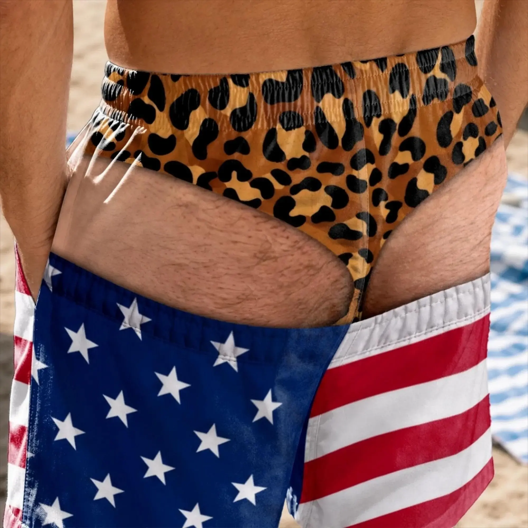 Funny Men’s Swim Trunks, HG Custom Fake Underwear Beach Shorts, Wide Load Birthday Gag Gift For Him