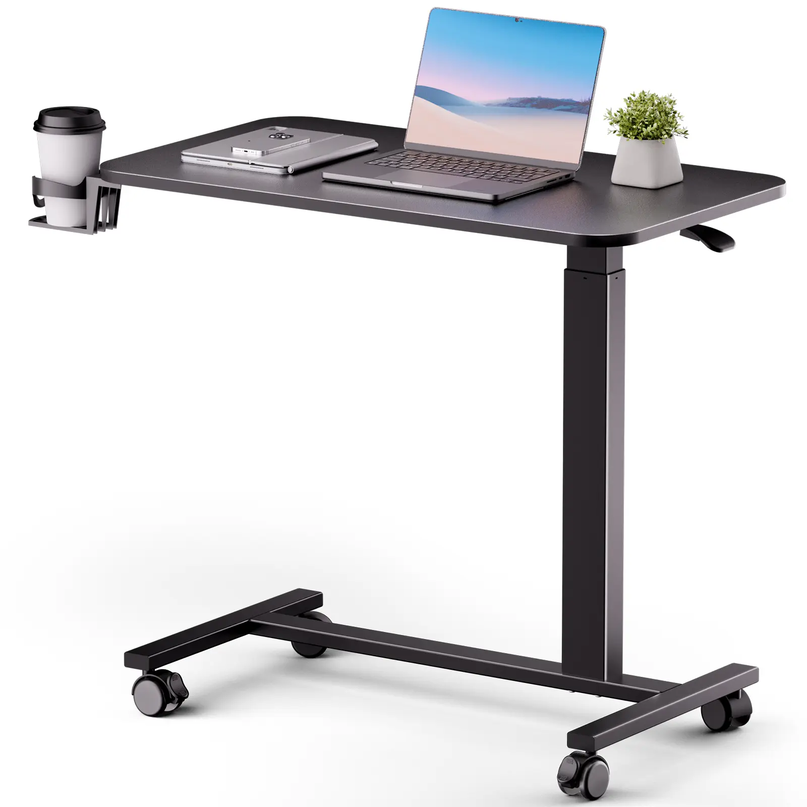 COMHOMA Adjustable Overbed Bedside Table with Lockable Wheels, Pneumatic Mobile Standing Laptop Desk, Portable Rolling Overbed Table Hospital Home Use