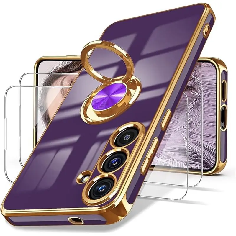 Samsung Galaxy S25 FE 5G Smartphone Case with Screen Protector - Slim Soft TPU Casing, 360° Rotatable Ring Holder, Magnetic Kickstand, Plated Gold Edge, Deep Purple, Full Protection Cellphone Accessories, 360° Rotation