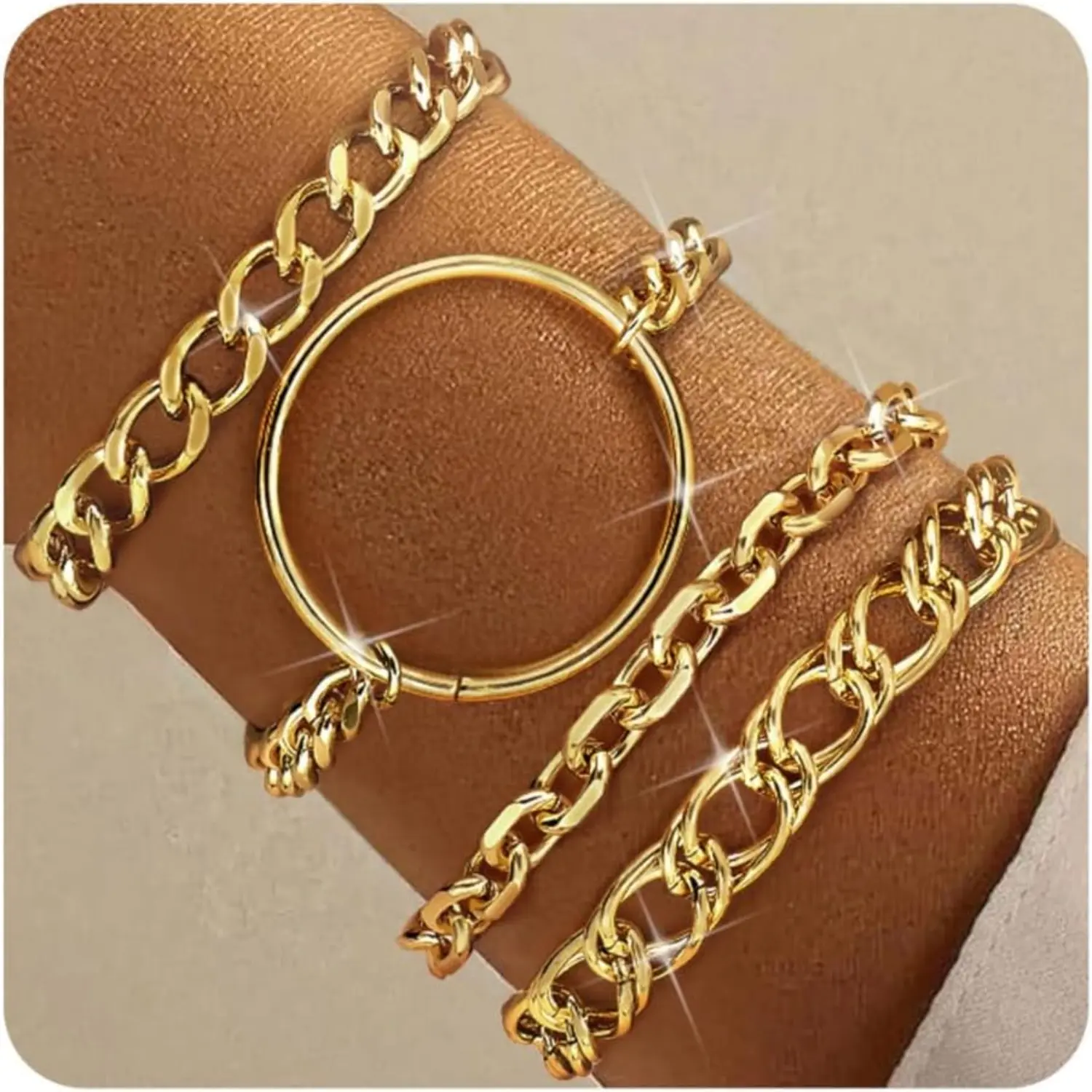 Women's 4-Piece Gold-Plated Bracelet Set, Chunky Layered Jewelry with Cuban, Snake & Paperclip Chains, Non-Tarnish & Hypoallergenic, Fashionable Jewelry Accessories, High Quality Bracelet, Bracelets