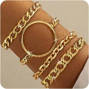 Florideco Women's Non-Tarnish Chunky Stack Round Shape Jewelry Set - Layered Cable Rope, Snake Chain, and Dainty Cuban Links for Bracelet Stacking