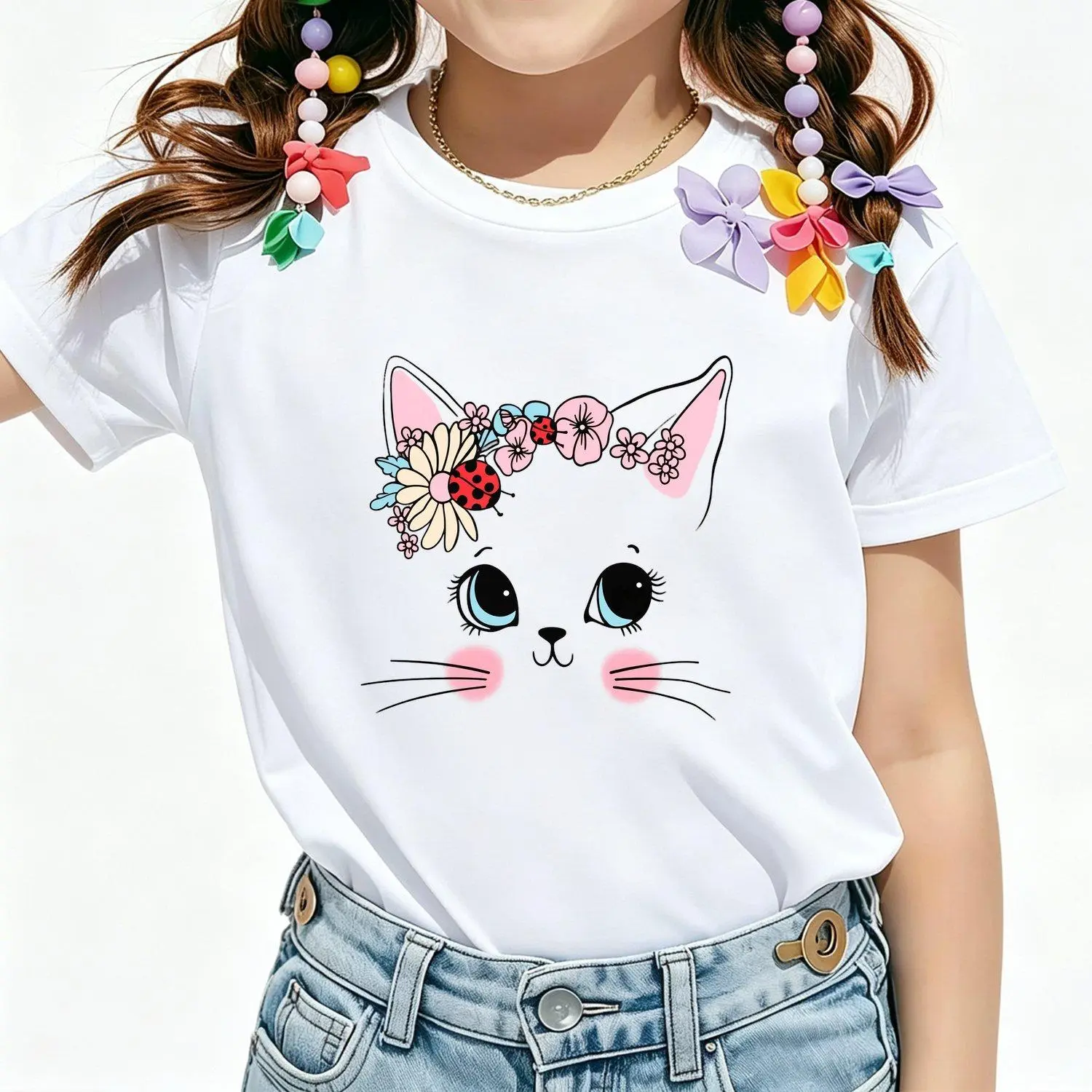 Girls T Shirts Summer Fashion Short Sleeve with Cute Cat Print Casual Top Back to School Gift for Girls Stylish Trendy Tee Shirt