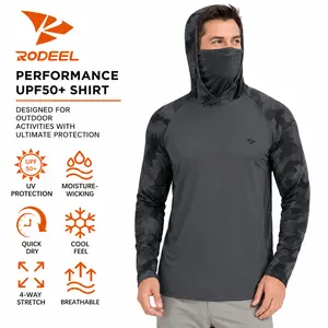 【RODEEL】915 Sun Hoodie Shirts w/ Mask Neck Gaiter Men UPF 50+ UV Protection Long Sleeve Lightweight Quick Dry Moisture Wicking Breathable Cooling Athletic Activewear for Outdoor Fishing Boating Hiking Construction Roofing Framing Landscaping summervibes