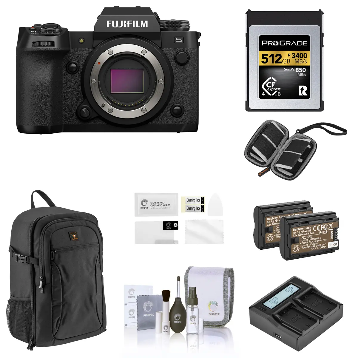 Fujifilm X-H2S Mirrorless Digital Camera Body, Black Bundle with 512GB CFexpress Type-B Memory Card, 2x Battery, Dual Charger, Backpack, Screen Protector, SD Card Case, Cleaning Kit