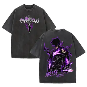 Vintage Washed Solo Leveling "Arise" Graphic T-Shirt for Men & Women Oversized Anime Streetwear Tee Featuring Sung Jin-Woo Heavyweight Cotton Casual Top