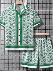 Green White Geometric Monogram Hawaiian Shirt Shorts Set Men Women Luxury Cross Circle All Over Print Matching Outfit Summer Beach Vacation Aloha Loose Fit Gift
