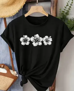 Elegant Short-Sleeved Top for Women Featuring a Hibiscus Flower Print, Suitable for Spring And Summer. A Stylish And Versatile Piece Perfect for Commuting, Vacations, And Casual Outings with a Vintage Flair