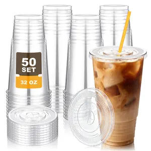 50set 32oz Clear Disposable Plastic Cups （with Lids and Straws） iced coffee cups with lids and straws BPA-Free, Recyclable, Leakproof Disposable for Iced Coffee, Beach Bash, Summer Fruity Drinks | Home & Party Supplies#SummerWins #DealsForYouDays