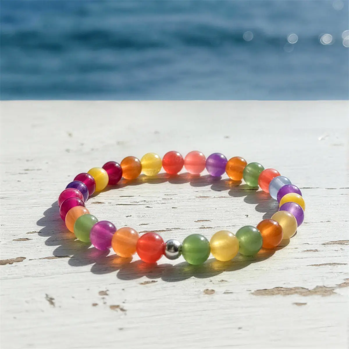 UV Reactive Color Changing Bracelet – Rainbow Beaded Cat Eye Sunlight Color Shift Bracelet, Waterproof Stainless Steel Bohemian Jewelry, Dopamine Style Summer Stackable Beaded Wristband Gift for Women Girls