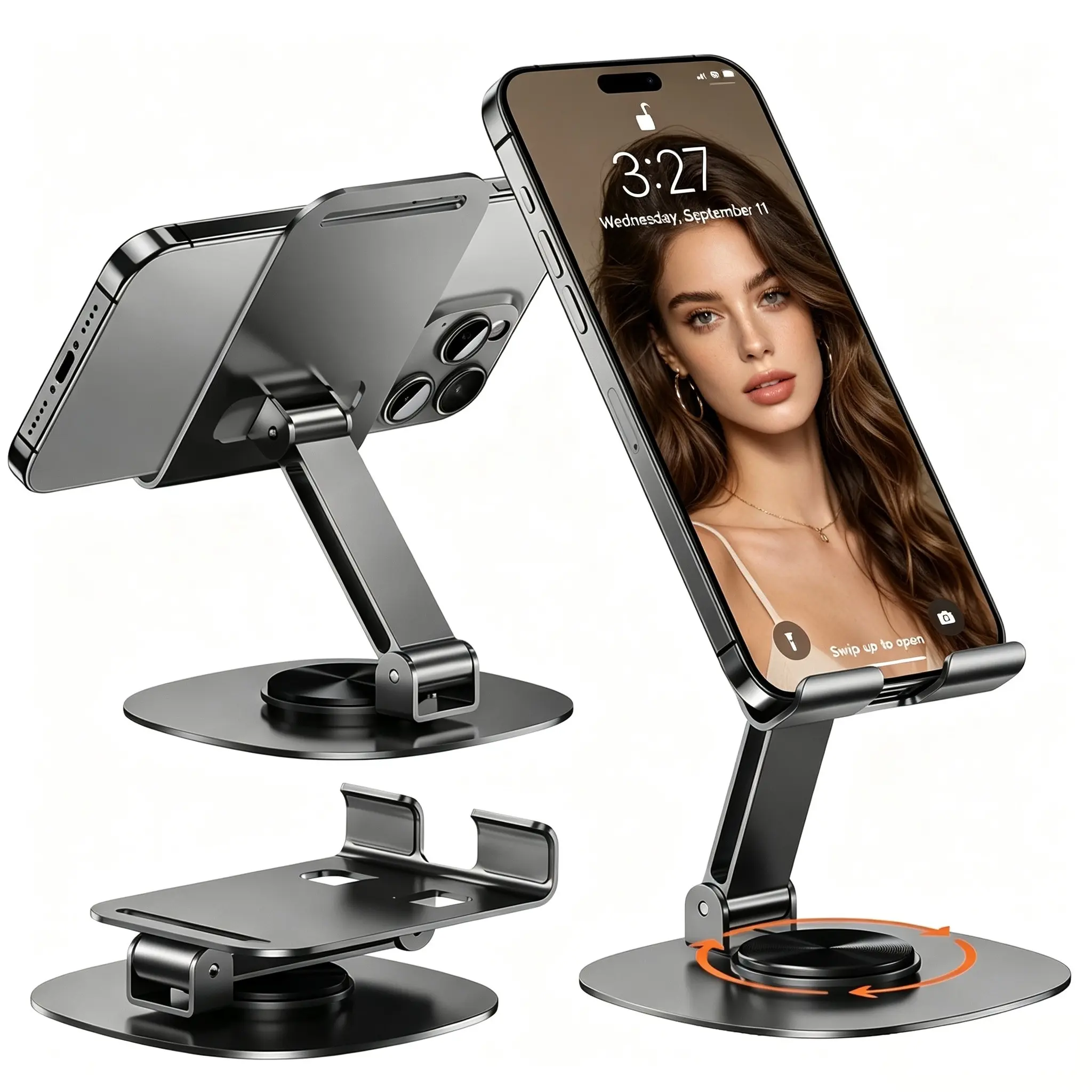 360° Rotating Phone Holder, Foldable Aluminum Phone & Tablet Stand Adjustable Desk Holder, Non-Slip Compatible with iPhone, iPad, Samsung Devices