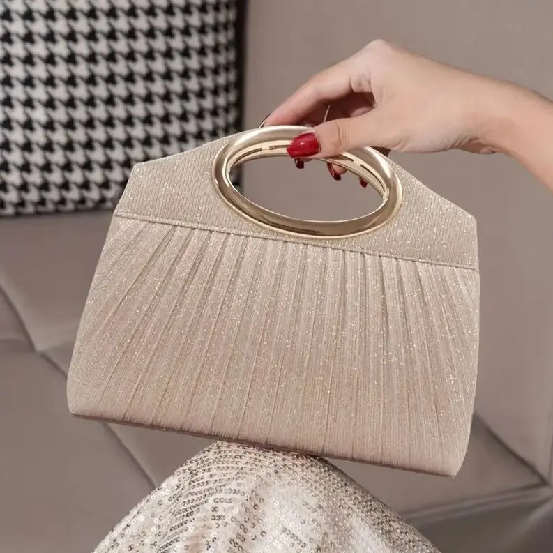 Elegant Black Champagne Pleated Evening Clutch Purse with Gold Tone Handle Dinner Bag Shiny Handbag for Wedding Party Prom