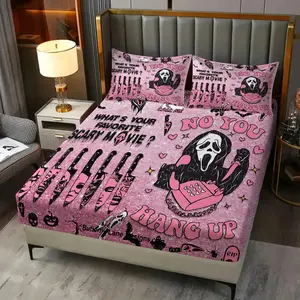 Y2K Sweet and Cool Horror Style Fitted Sheet Set, Bedsheet Sets, Pink Rhinestone Print of A Ghost Face Killer Print Bedding Set. Durable Soft Bedding, Perfect for Horror Movie Fans' Bedroom Decor. 3Pcs Includes Two Pillowcases (Pillows Not Included)