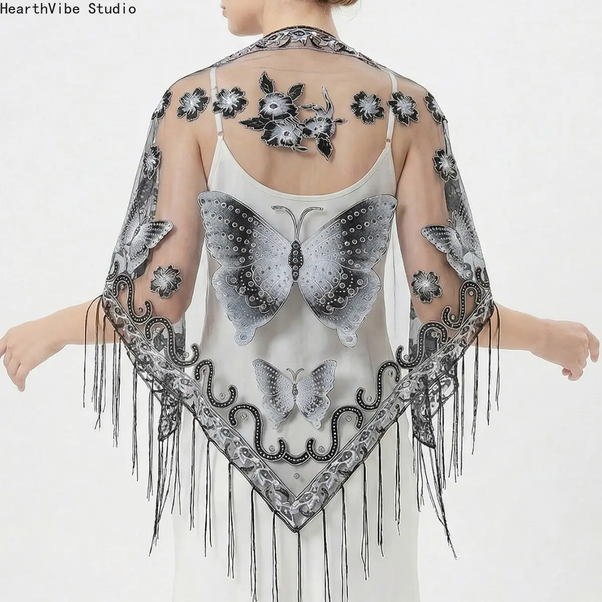 Women's Elegant Butterfly Embroidery Polyester Wedding Shawl - Sheer Mesh Lace Detail Tassel Wrap, Vintage Floral Bridal Cover-Up, Female Sports & Outdoor Accessory Scarf, Unisex, Adults, Wrap & Go Coverage, Vintage Floral Look