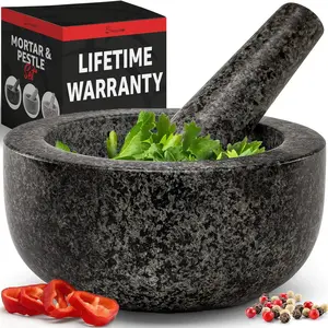 Heavy duty large mortar and pestle set100 granite non slip base make fresh guacamole salsa pesto stone grinder bowl herb crusher spice grinder 2 cup 63 inch size black