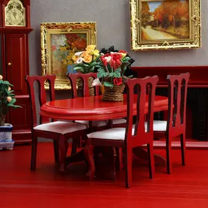 1:12 Mini Dollhouse Dining Table with Five High Back Chairs Oval Table Kitchen Decor Christmas Easter New Year Gift