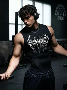 Men’s Sleeveless Gym T-Shirt, Gothic Print, High Stretch, Muscle Fit, Breathable Polyester Blend, Ideal for High-Intensity Training, Gym & Streetwear, Black, Fitness Vest