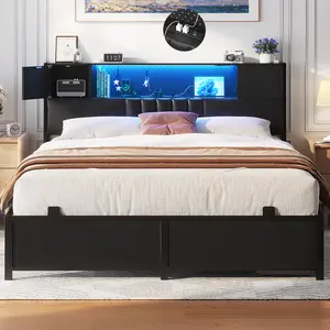 King / Queen / Full Size Bed Frame with LED Lights and Power Outlets, Platform Bed with Upholstered Headboard with Storage Cabinet, Metal Slats, No Box Spring Needed, Easy Assembly, Noise-Free Modern Bed for Bedroom
