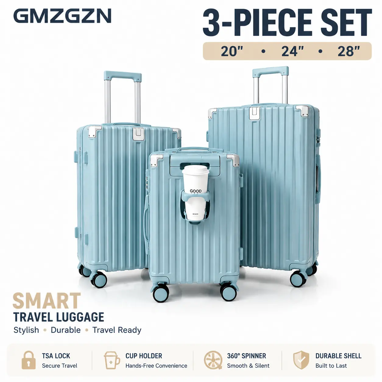 GMZGZN 3-Piece Hardshell Travel Bag Set - TSA Approved, Quiet 4 Wheels 360 Rotation, Combination Lock, USB Port, Cup Holder, PC+ABS Shell, 20/24/28in Spinner, Adjustable, Carry On Trolley, Lightweight, High-Capacity Nestable Luggage Sets, Adjustable Trave