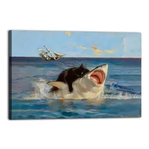 Cat & Shark Trendy Room Decor, Cute And Vibrant Art Print for Bedroom, Dorm, Gaming Setup, VSCO And Aesthetic Room Makeover