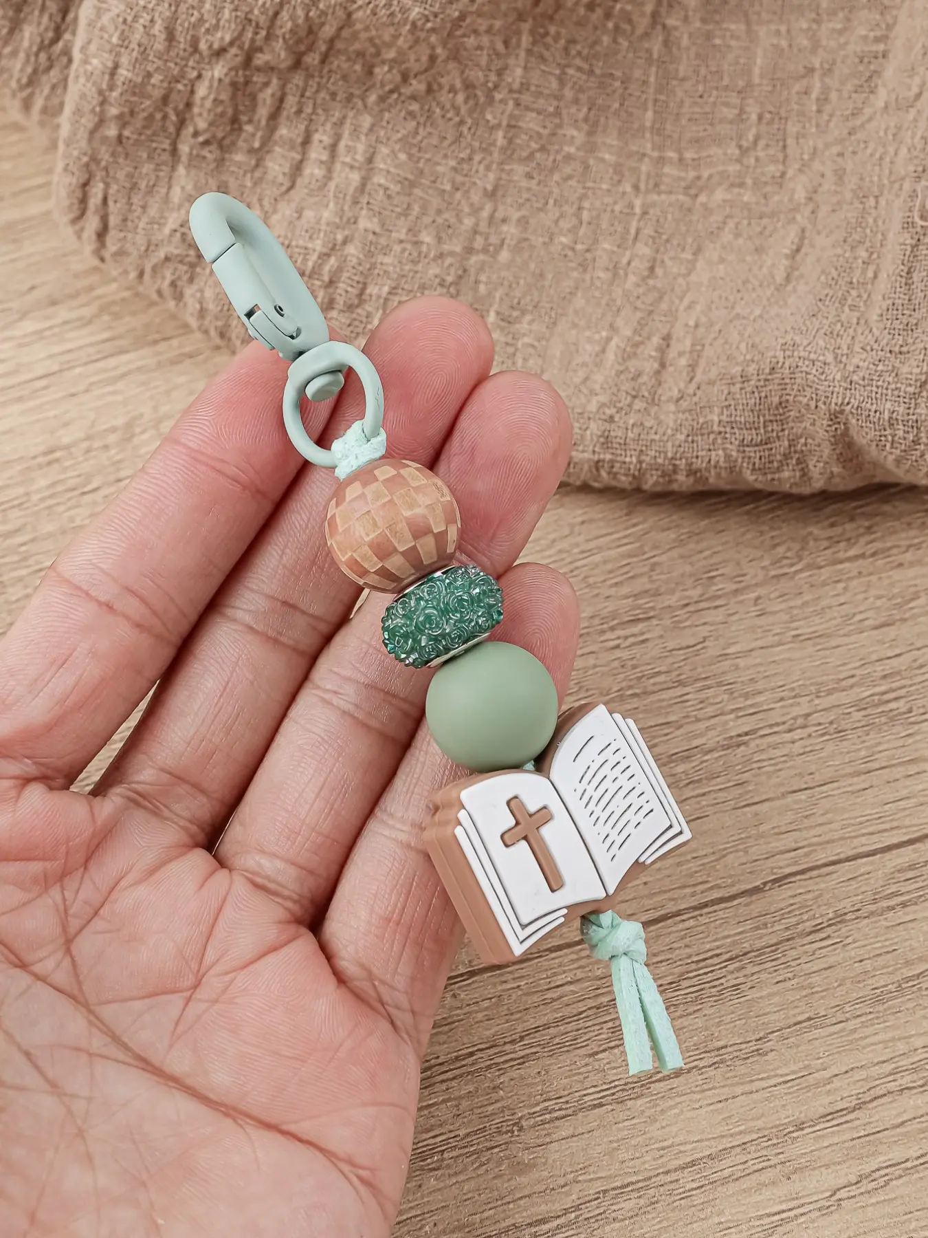 Christian Bible Cross Keychain, Faith Beaded Wristlet, Religious Boho Bag Charm, Mother's Day Gift, 1 Count