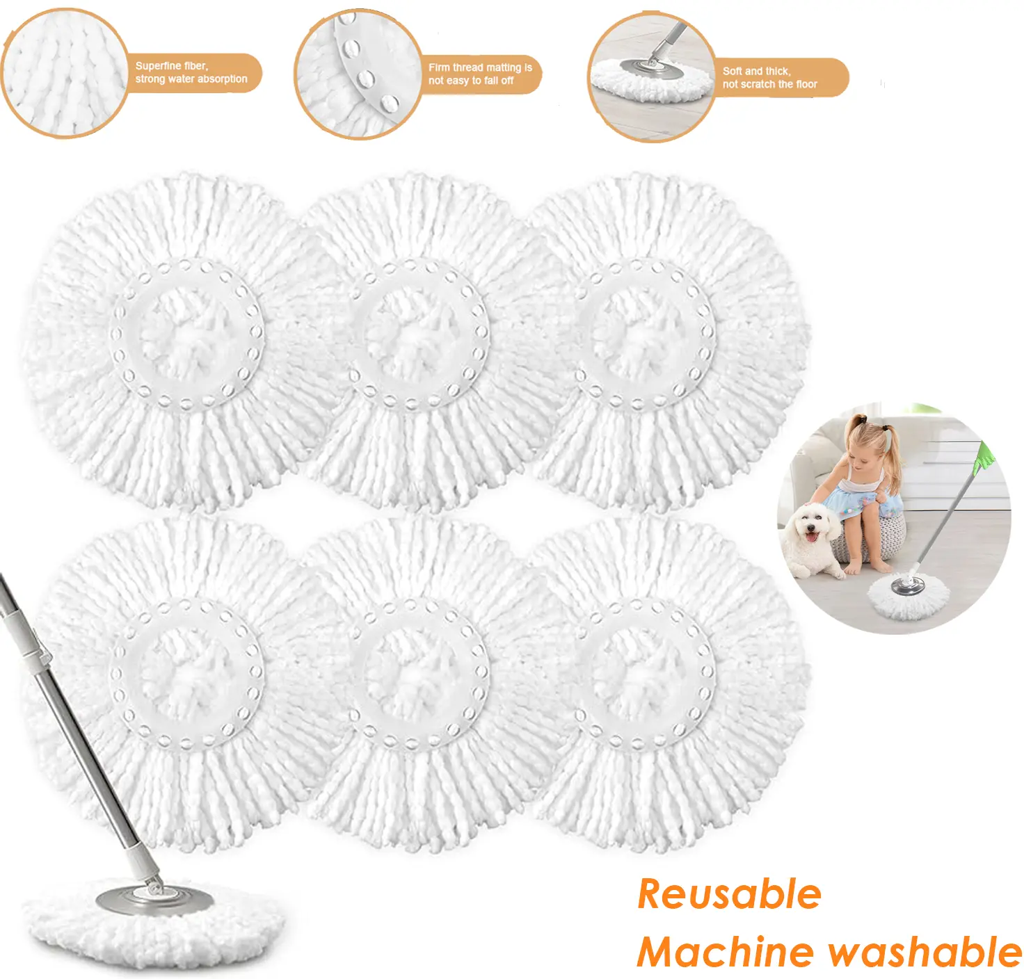 Spin Mop Replacement Head, Round Spin Mop Head Refill for 360 Spin Mop Systems, Compatible Mop Head for Household Cleaning Supplies