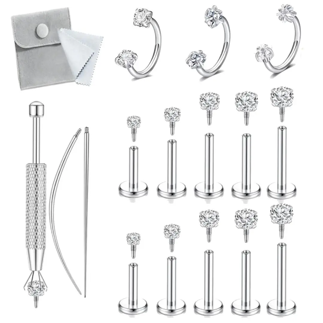 16G Flat Back Stud Earrings for Women - Hypoallergenic Surgical Steel Internal Thread Stud Piercing Jewelry for Tragus Helix Cartilage Conch Nose  Lip Labret Medusa Piercing