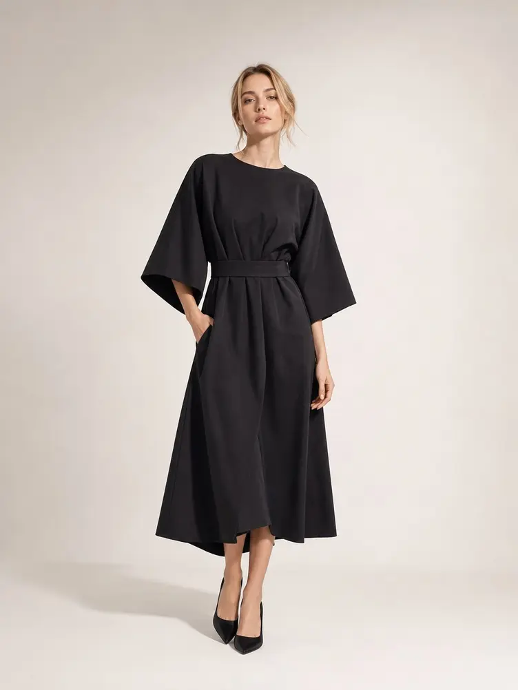 2026 Summer Elegant Round Neck Midi Wrap Dress Batwing Sleeve Waist Tie Slimming Luxury Formal Outfit Sophisticated Women Classy Dress For Office Business Meeting Wedding Guest Dinner Date Night Gala Smart Casual Fashion Womenswear Basic Black Crewneck Mi