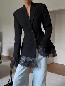 Women's Fitted Pure Color Woven Fabric Lace Patchwork Button Waistcoat Jacket, Office Evening Date Formal Banquet Fall Winter