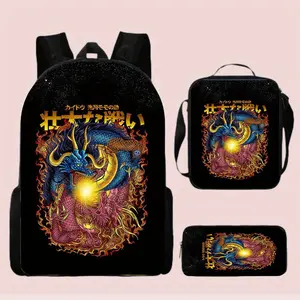Durable Water Resistant 3-Piece Backpack Set for Kids, Lightweight School Bag with Lunch Box, Featuring One Piece Kaido Dragon Japanese Ukiyo-E Full-Print, Black Starry Sky Background for Anime & Oriental Tattoo Style Fans Daily School & Casual Use
